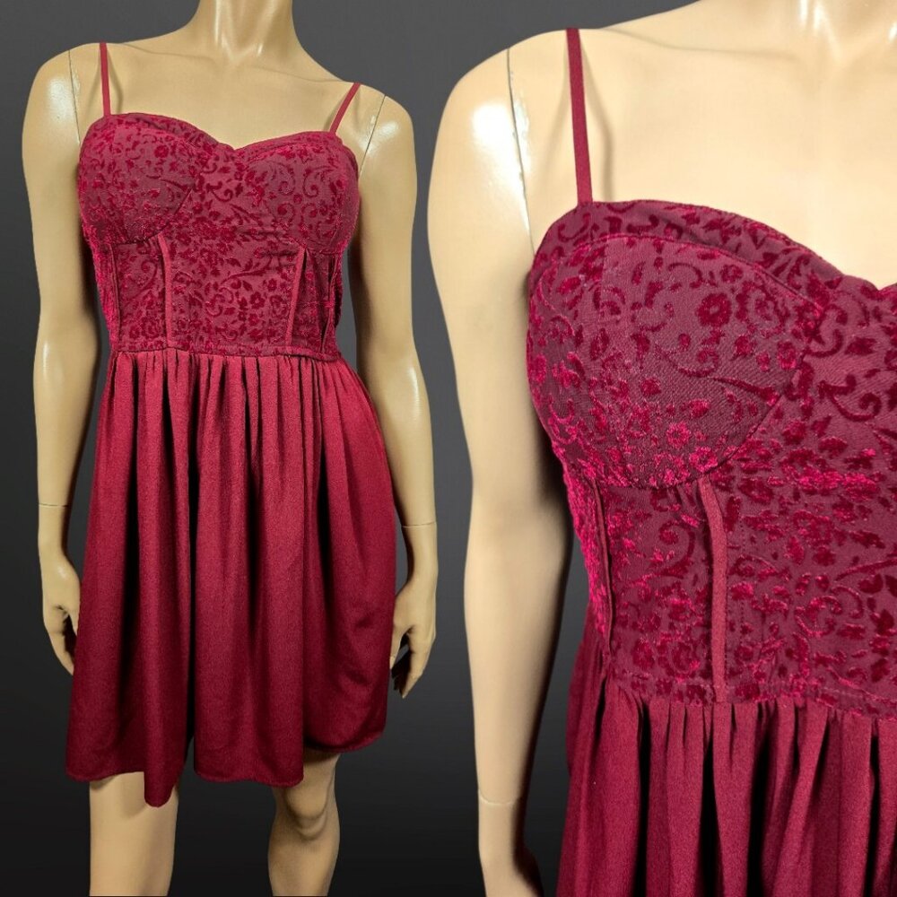 Y2K Fit Flare Whimsigoth Dress M Burgundy Flocked Velvet Corset Mini Pockets